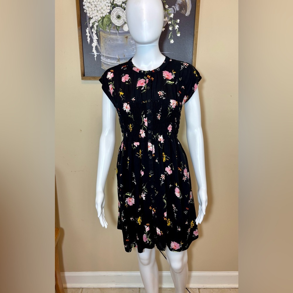 Free People Black Midi Dress with Pink & Yellow Floral Print